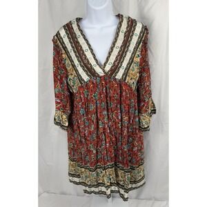 Easel Women's Dress Loose 3/4 Sleeve Ruffles Boho V-neck Floral High Waist,Small